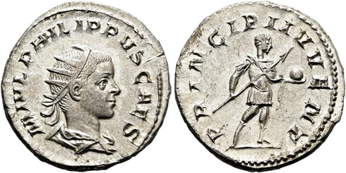 Ancient Roman silver coin of Philip II as Caesar - PRINCIPI IVVENT